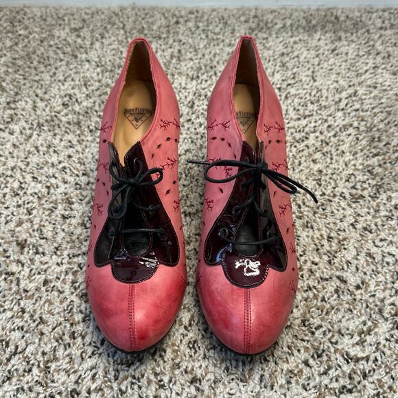 JOHN FLUEVOG Look Out Fascination Lace-Up Leather Heel Pink Oxford Coral Witchy - Picture 6 of 14